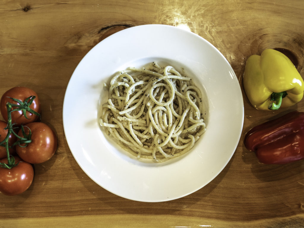 Bucatini plated Lilly's Fresh Pasta