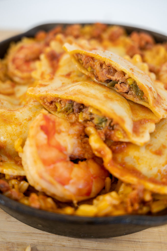 paella with shrimp and chorizo ravioli