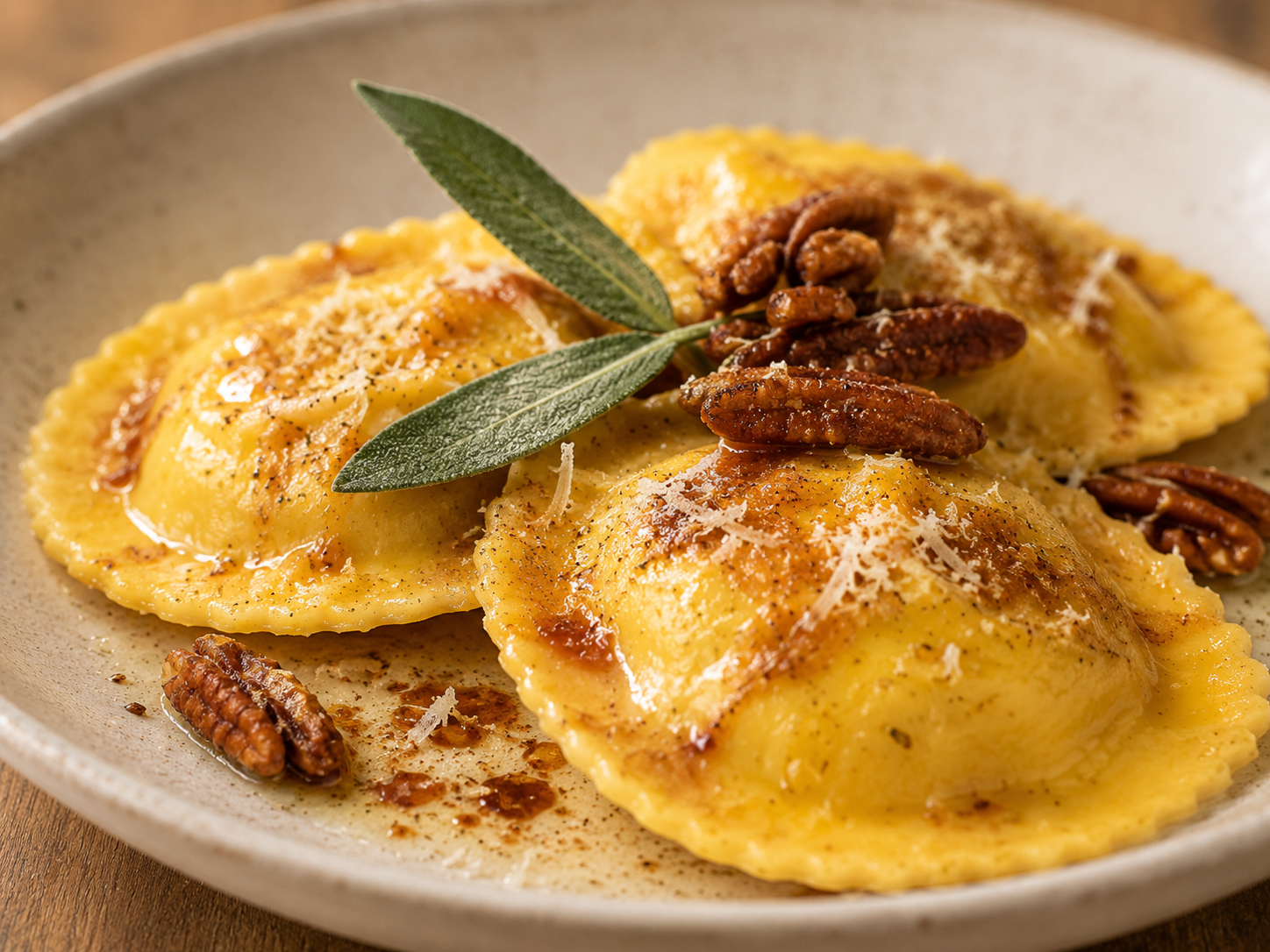 Pumpkin ravioli with brown butter and sage