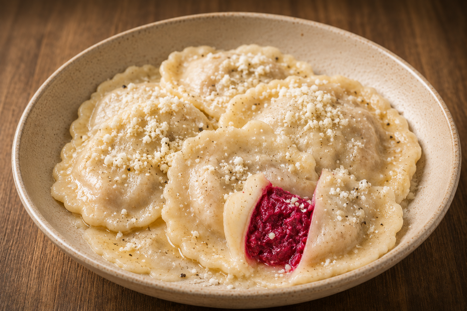 Beet and mascarpone agnolotti with arugula and goat cheese