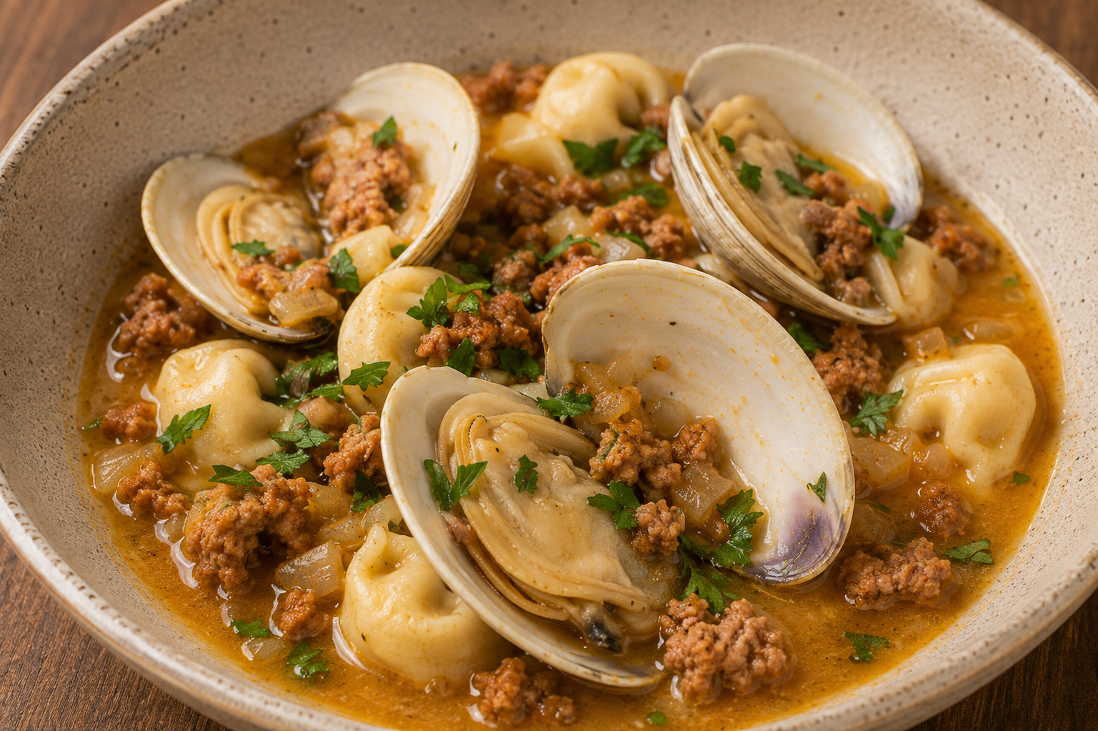 Brothy clams and chorizo tortelloni