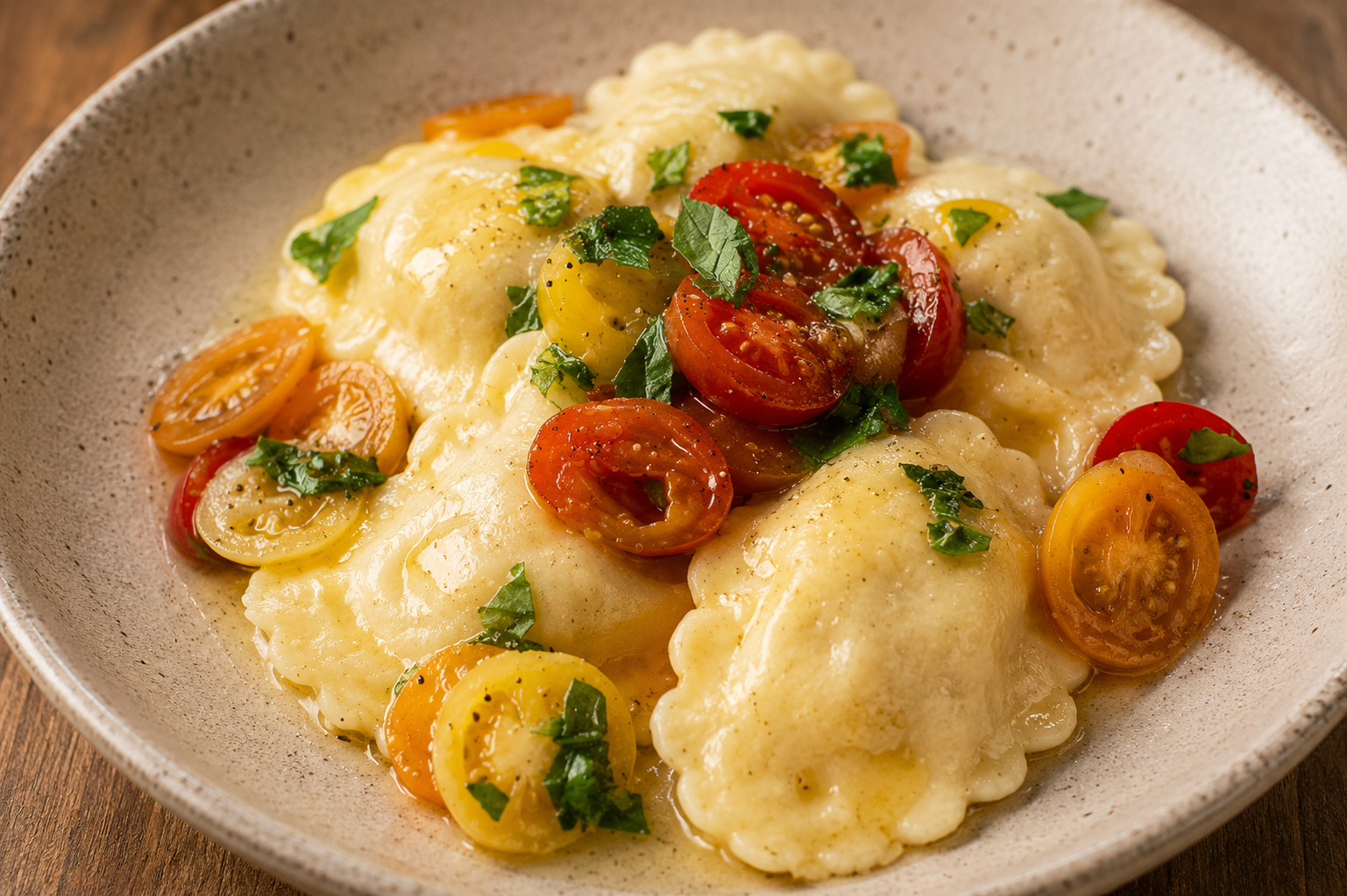 Seafood ravioli with tomatoes, basil and brown butter